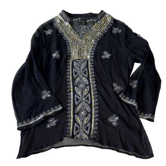 Carole Little Tops - Carole Little Black Embroidered Tunic with Gold & Silver Accents 100% Silk Small